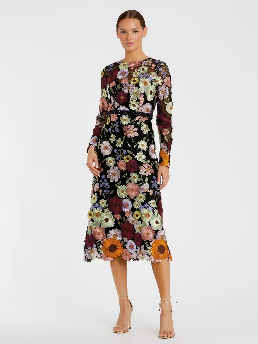 Mac Duggal 68462 Multicolor Floral Embroidered A-Line Midi Dress Size 16 NWOT - Picture 1 of 9